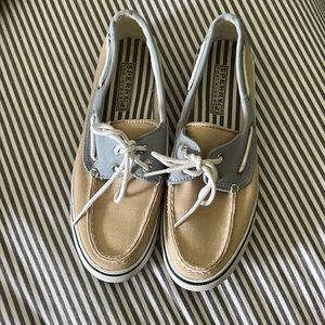 Sperry top sider tan and blue canvas loafers, size 7